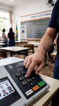 Close-up of a hand pressing buttons on a Brazilian electronic voting machine during a national election