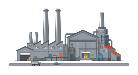 Obraz premium industrial factory complex illustration with smokestacks and vehicles