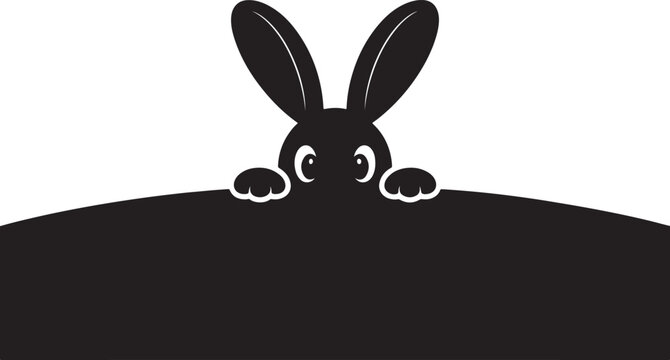 Black silhouette of a peeking rabbit with paws on a rounded border over white background