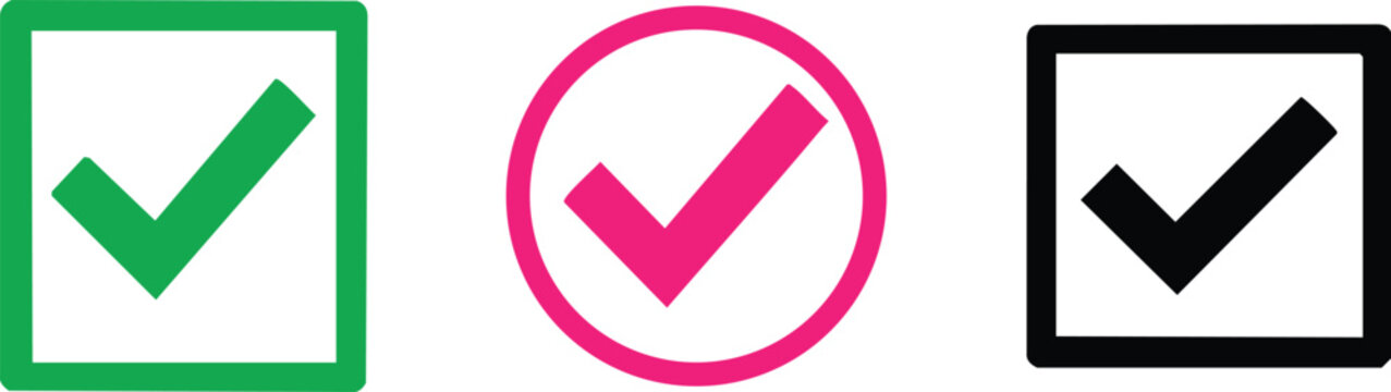 Green, pink, and black check marks inside colored boxes and circle