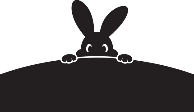 Black silhouette of a cute peeping bunny head and paws behind a curved surface