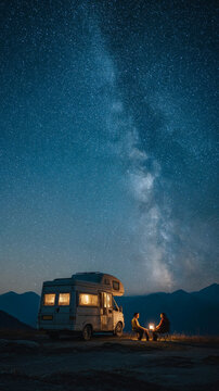 Night camping adventure with a camper van under a breathtaking starry sky and the Milky Way. Two people enjoy a peaceful evening outdoors surrounded by mountains and nature