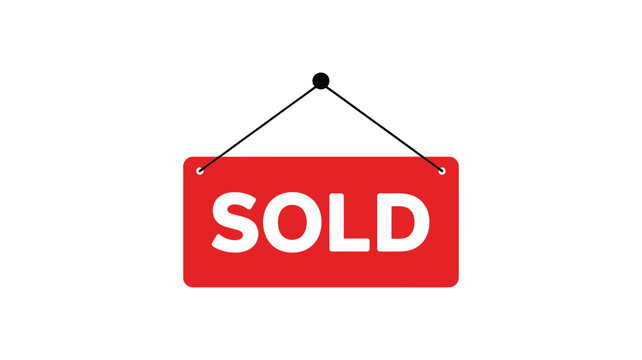 Red rectangular hanging sign displaying text sold with rope hanger graphic element for real estate or retail business promotion.