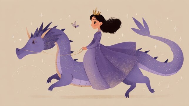 Fantasy wallpaper. A whimsical illustration depicts a young girl, likely a princess, riding a large, purple dragon. The girl wears a shimmering purple gown and a golden crown.