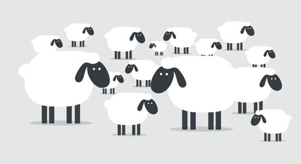 Flock of minimalist cartoon sheep on a plain grey background © micro