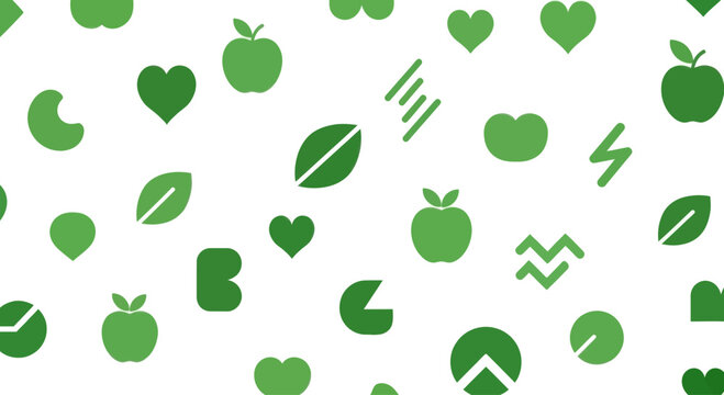 Green Icons Pattern: Apples, Hearts, Leaves, Shapes, Background