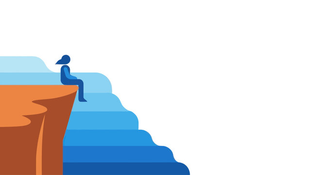 Person sitting on cliff edge overlooking blue gradient steps, contemplation, decision.