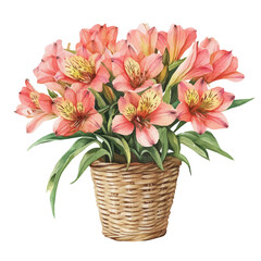Fototapeta premium Alstroemeria Bouquet In A Basket, watercolor clipart showing delicate textures and whimsical forms, isolated on a white background.
