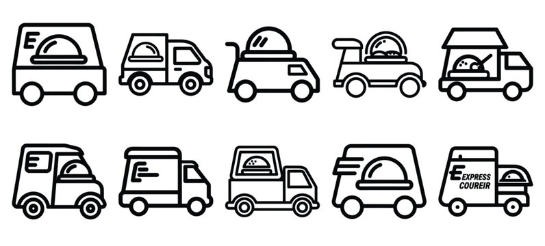 Black line art express meal courier vector illustration icons. Collection of Delivery web outline  icon set.