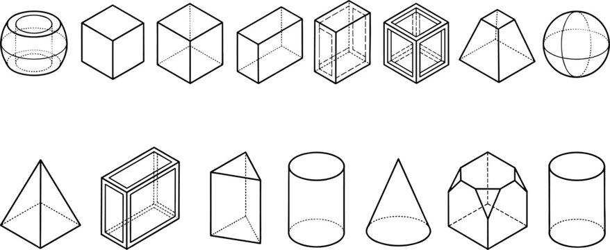 Professional 3D Geometric Shapes Vector Set Featuring Isometric Linear Illustrations of Cube Sphere Pyramid and Cylinder for Technical Design