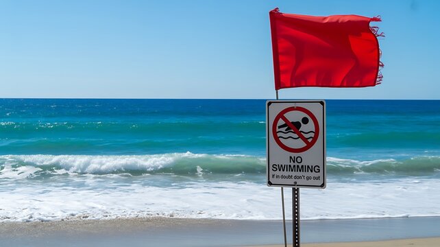 No Swimming, Red Flag Warning, Beach Safety Sign, Ocean Waves