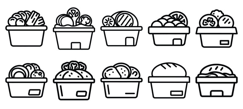 Black line art food ready for vector illustration icons. Collection of Delivery web outline  icon set.