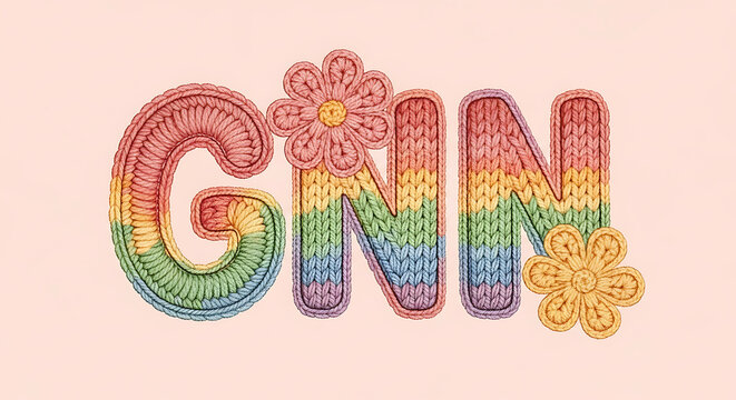 Gnn letters with knitted flowers isolated on a transparent background