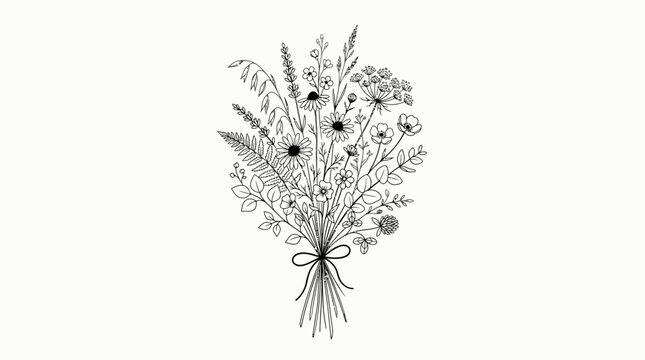Hand-Drawn Rustic Wildflower Bouquet Tied with Ribbon on Isolated White Background, Simple Botanical Flower Arrangement Line Art