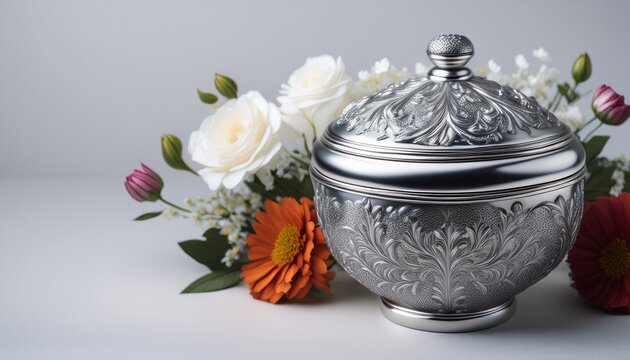 silver urn with floral decorations surrounded by flowers ashes urn