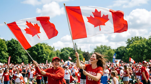 Joyful multicultural crowd waving large national Canadian maple leaf flags celebrating Canada Day outdoor festival in bright sunny public park landscape