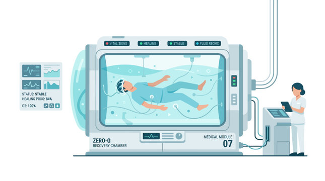 Futuristic cryogenic chamber with patient and medical technician