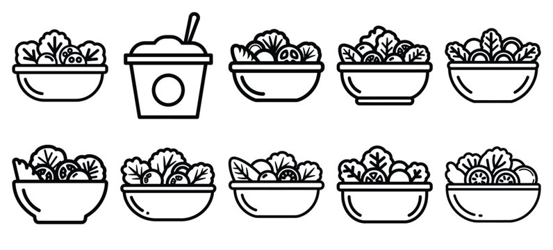 Black line art salad delivery bowl vector illustration icons. Collection of Delivery web outline  icon set.