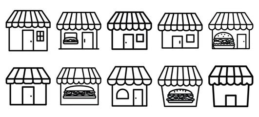 Fototapeta premium Black line art suburban food delivery vector illustration icons. Collection of Delivery web outline icon set.