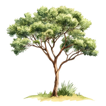 Acacia Tree, watercolor painting with colorful accents, isolated on a white background.