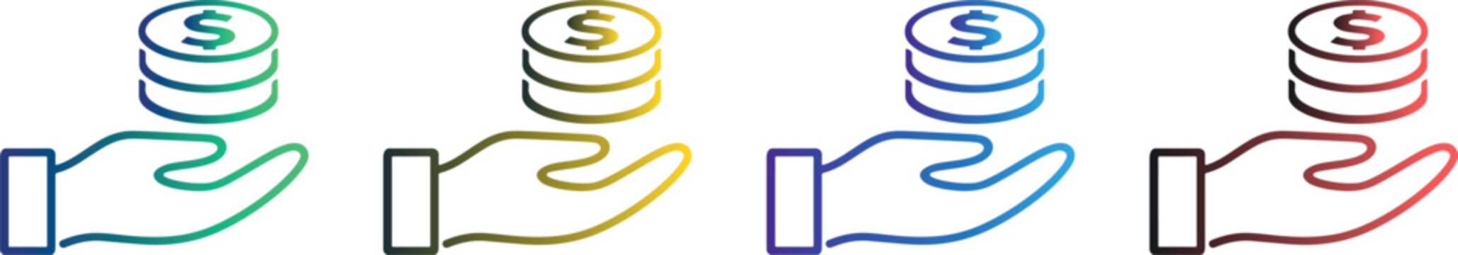 Hand holding dollar coin stack line icon set with colorful gradients, financial saving and investment concept.