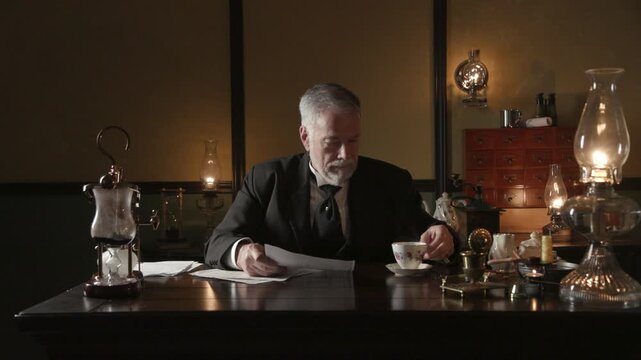 Victorian era businessman drinking morning coffee