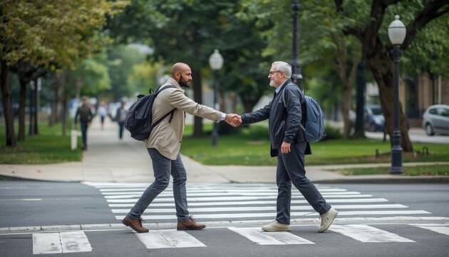 There are two men that are walking across the street shaking hands
