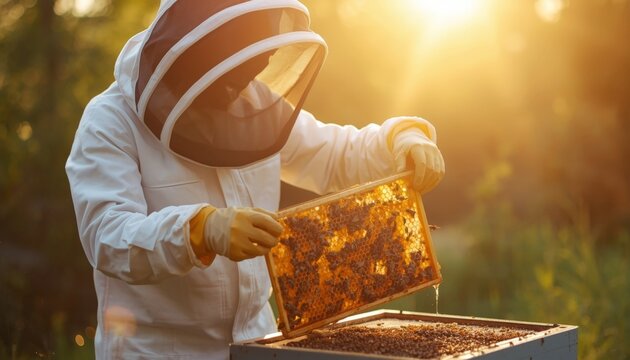 There is a man in a bee suit holding a beehive full of bees