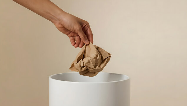 Hand holding crumpled brown paper over a white bin. Trash disposal.