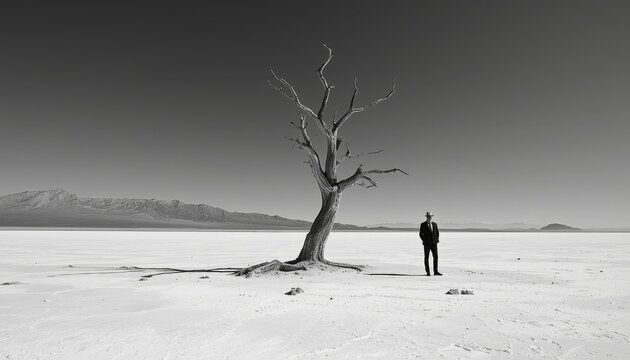 This is a black and white photo of a man standing in front of a dead tree