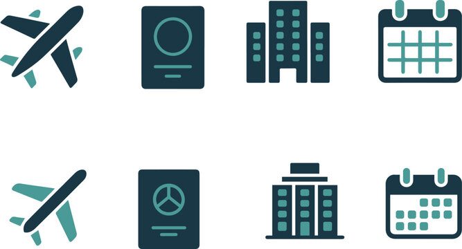 Travel Icons Set with Airplane, Passport, City and Calendar Vector