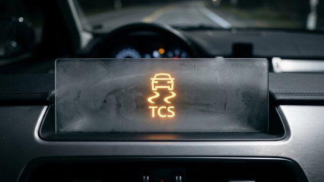 Car Traction Control System TCS Warning Icon on Frozen Dashboard HUD