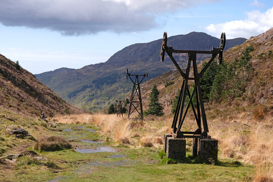 Remains of a pylon, part of an industrial aerial ropeway, part of a copper mine on Cym Bychan, near Beddgelert, Eryri National Park, Snowdonia, Wales.