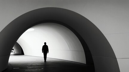 Fototapeta premium Man walks alone through modern tunnel architecture, monochrome, high contrast, geometric lines, illuminated pathway creates perspective, solitary journey.