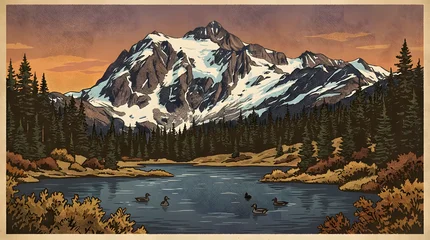 Fototapete Reflection Dramatic landscape illustration of a snowcapped peak reflected in a calm lake with evergreen forest and waterfowl  © Lukman Ahmed