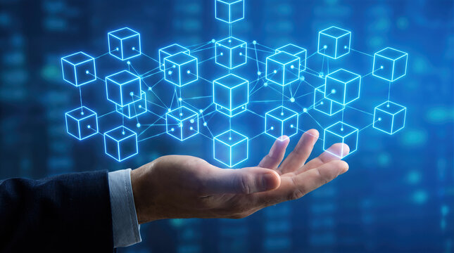 Blockchain network with digital cubes and connection nodes above a palm. Futuristic technology of decentralized data, crypto finance, encryption security, smart contract ledger and cyber innovation