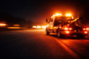Obraz premium A tow truck is parked on the side of a dark road as headlights of passing vehicles create a blur, indicating a busy nighttime scene.
