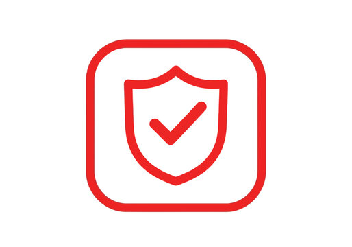 A very important and fine bright red shield icon with checkmark silhouette in a rounded square