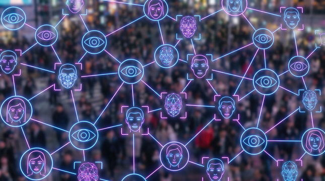 Facial recognition and biometric identity scan over a crowd of people. Surveillance network with digital face detection and tracking. Futuristic security technology for urban monitoring and data