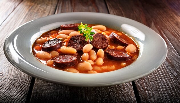 spanish white beans stew with bacon chorizo and blood sausage