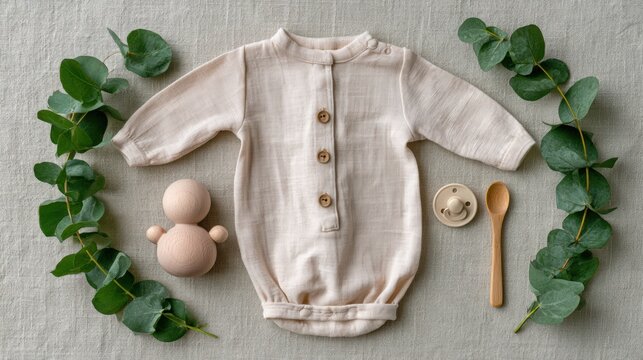 Collection of eco-friendly baby items displayed on linen includes an organic cotton onesie, wooden toy, natural rubber pacifier, and bamboo spoon.