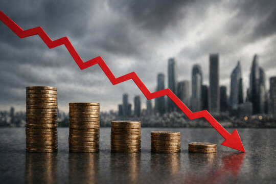 Stacks of coins and a red fall arrow against the background of the city.