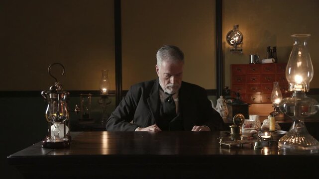 vintage businessman pulls out paperwork from his desk