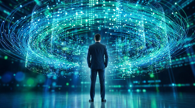 Businessman in suit stands before a swirling vortex of digital data and network particles. Futuristic technology, cyber innovation, artificial intelligence, cloud computing, and information analytics