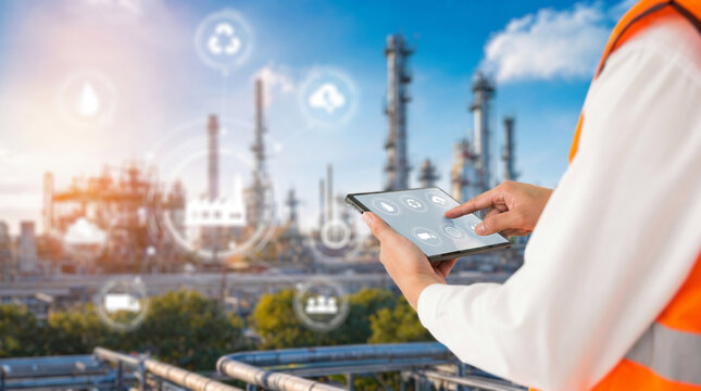 Engineer with tablet inspects oil and gas refinery plant. Smart technology and digital automation control system for petrochemical industry, energy production, sustainability, and pipeline network