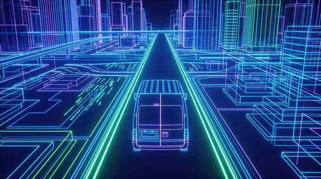 Autonomous delivery van driving through a futuristic neon wireframe city. Smart transport and digital navigation system on a glowing road with skyscrapers. Connected vehicle technology and urban