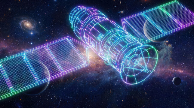 Futuristic satellite orbits deep cosmos with neon wireframe outline. Space station spacecraft transmits communication signals across galaxy stars and planets. Aerospace technology exploration mission