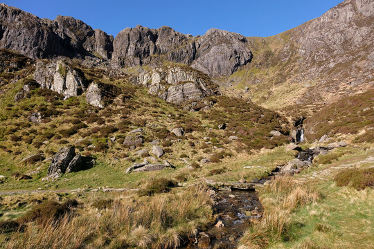 A steam in Cwm Idwal, in the Glyderau range, Eryri National Park, Snowdonia, Wales, UK.
