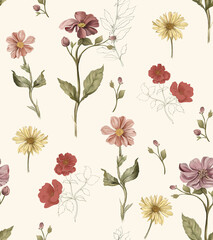 Delicate watercolor wildflower seamless pattern on cream background © OZLEM