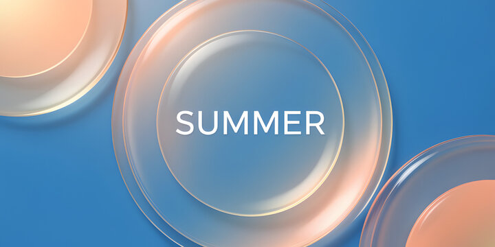 Translucent round makeup container with embossed summer text, placed on smooth blue and pink gradient surface. Minimalist cosmetic design.
